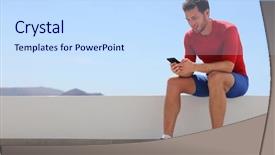  Presentation with man holding phone - PPT layouts consisting of home or outdoor gym background and a sky blue colored foreground