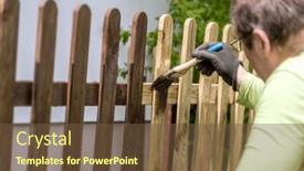  Presentation with home - Presentation theme featuring home-owner-varnishing-backyard-wooden background and a tawny brown colored foreground