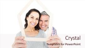  Presentation with white house - Colorful slide deck enhanced with home ownership - couple holding house shape backdrop and a sky blue colored foreground