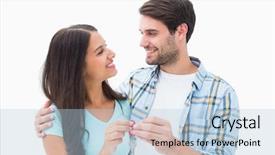  Presentation with young happy couple - Beautiful slides featuring home ownership - happy young couple holding new backdrop and a light blue colored foreground