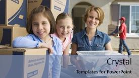  Presentation with moving - Slide set consisting of home ownership - portrait of happy mother background and a  colored foreground