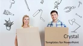  Presentation with real estate - Slides featuring home people repair and real estate concept - smiling couple with big cardboard boxes moving to new place over doodles background and a soft green colored foreground