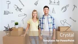  Presentation with doodles - Theme with home people repair and real estate concept - smiling couple with big cardboard boxes moving to new place over doodles background and a coral colored foreground