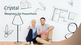  Presentation with new home - Colorful theme enhanced with home people repair moving backdrop and a sky blue colored foreground