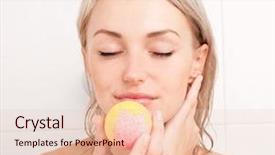  Presentation with beautiful young woman getting face - Theme consisting of home products - beautiful young blond woman taking background and a lemonade colored foreground