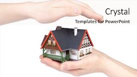  Presentation with white house - PPT theme having home protection - hands with model of house background and a sky blue colored foreground