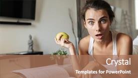  Presentation with beautiful young woman getting face - Amazing PPT theme having home reading eating green apple backdrop and a coral colored foreground