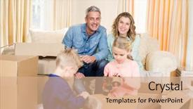  Presentation with living room family - PPT theme consisting of home relocation - cute family opening boxes background and a  colored foreground