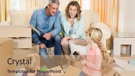  Presentation with living room family - Colorful slide set enhanced with home relocation - cute family opening boxes backdrop and a  colored foreground