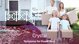  Presentation with boxes - Slide deck featuring home relocation - family with boxes background and a  colored foreground