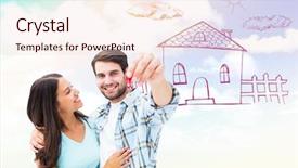  Presentation with young happy couple - Presentation design featuring home relocation - happy young couple showing new background and a lemonade colored foreground