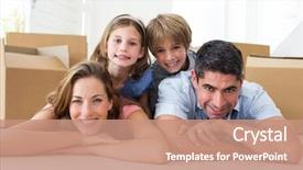  Presentation with family a new born - Presentation theme enhanced with home relocation - portrait of happy family lying background and a  colored foreground