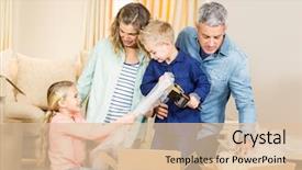  Presentation with living room family - Slides having home relocation - portrait of happy family opening background and a  colored foreground