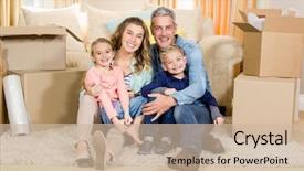  Presentation with living room family - Slide set with home relocation - portrait of smiling family sitting background and a soft green colored foreground