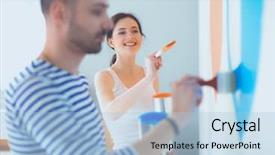  Presentation with young happy couple - Presentation theme with home renovation - portrait of happy smiling young background and a light blue colored foreground