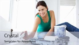  Presentation with house - PPT theme enhanced with home renovation - woman decorating house background and a light blue colored foreground