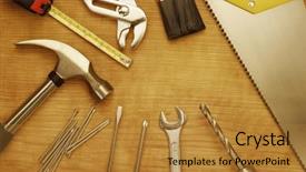  Presentation with wood tools - Audience pleasing slide deck consisting of home repair - assorted work tools on wood backdrop and a gold colored foreground