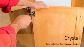  Presentation with kitchen cabinet - Presentation featuring home repair - closeup of a installers hands background and a gold colored foreground