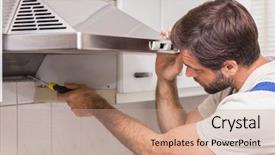  Presentation with handyman - Colorful PPT theme enhanced with home repair - handyman fixing the oven backdrop and a coral colored foreground