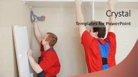  Presentation with kitchen cabinet - Slide deck featuring home repair - portraait of craftsman carpenter background and a  colored foreground