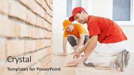  Presentation with wood board - Slide deck with home repair - two parquet carpenter workers installing background and a lemonade colored foreground