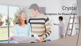  Presentation with people helping each teamwork couple - Cool new slides with home repair - young couple looking at each backdrop and a  colored foreground