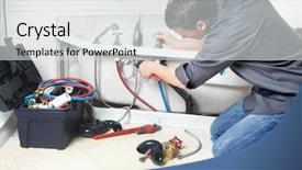  Presentation with plumber - Cool new presentation theme with home repair - young handsome plumber repearing bath backdrop and a light gray colored foreground