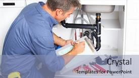  Presentation with plumber - Beautiful slide deck featuring home repair - young smiling plumber repairing sink backdrop and a light blue colored foreground