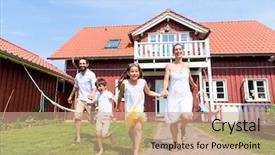  Presentation with home run - PPT layouts having home run - happy family running on meadow background and a coral colored foreground