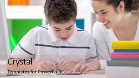  Presentation with sister - Beautiful presentation theme featuring home school - sister helping brother to writing backdrop and a coral colored foreground