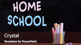  Presentation with front desk - Presentation design consisting of home school concept glass of coloured chalk on desk in front of blackboard background and a tawny brown colored foreground