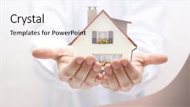  Presentation with toy - Cool new PPT theme with home seller - small toy house in hands backdrop and a sky blue colored foreground