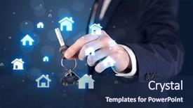  Presentation with keys - Colorful slide deck enhanced with home selling - businessman in suit holding keys backdrop and a navy blue colored foreground
