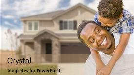  Presentation with african american - Audience pleasing slide deck consisting of home selling - happy playful african american father backdrop and a coral colored foreground