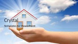  Presentation with blue house bakery - Audience pleasing presentation consisting of home selling - house in hands on blue backdrop and a light blue colored foreground