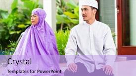  Presentation with woman muslim - Colorful PPT layouts enhanced with home sitting on prayer backdrop and a light blue colored foreground