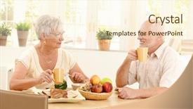  Presentation with elderly home - Slide set with home smiling having coffee background and a cream colored foreground