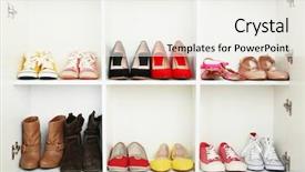  Presentation with shoes - Audience pleasing presentation theme consisting of home storage - collection of shoes on shelves backdrop and a sky blue colored foreground