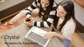  Presentation with coffee shop - Cool new presentation theme with home study - female friends studying backdrop and a coral colored foreground