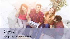  Presentation with young man holdng laptop on lap money - Colorful PPT layouts enhanced with home study - group of friends watching backdrop and a  colored foreground