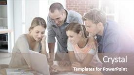  Presentation with project - Cool new presentation theme with home study - group of students working backdrop and a coral colored foreground