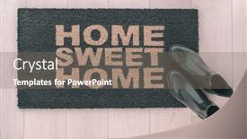  Presentation with rain city - Beautiful PPT theme featuring home sweet home doormat entrance mat at front door of new condo in urban city living with stylish womens rain boots of homeowner resting on top backdrop and a gray colored foreground