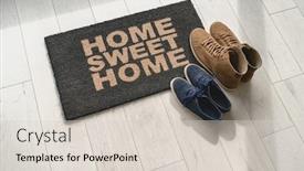  Presentation with man door - Audience pleasing slide set consisting of home sweet home doormat at condo door entrance with couples pairs of shoes moving in together women's sneakers and man's boots on floor new apartment backdrop and a lemonade colored foreground