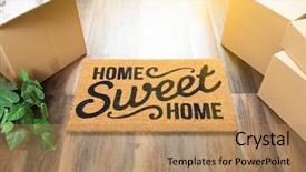  Presentation with sweet - Audience pleasing PPT theme consisting of home sweet home welcome mat backdrop and a coral colored foreground