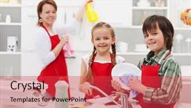  Presentation with task - Presentation design with home task - family cleaning the kitchen background and a red colored foreground