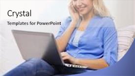  Presentation with internet of things home automation - Amazing slide set having home technology and internet concept - smiling woman with smartphone and laptop computer sitting on couch at home backdrop and a white colored foreground