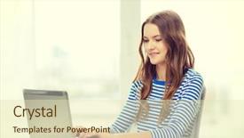  Presentation with teenage girl - Cool new slides with home technology and internet concept - smiling teenage girl with laptop computer at home backdrop and a soft green colored foreground