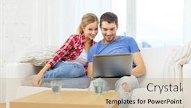  Presentation with relationships - Beautiful presentation design featuring home technology and relationships concept - smiling couple with laptop computer at home backdrop and a soft green colored foreground