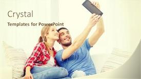  Presentation with relationships - Audience pleasing theme consisting of home technology and relationships concept - smiling couple with tablet pc computer at home backdrop and a cream colored foreground