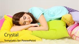  Presentation with swimming beautiful girl swims underwater - Presentation design enhanced with beautiful young girl with pillows in room background and a yellow colored foreground